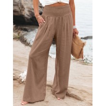 Leisure Solid Shirring Pocket Wide Leg Cotton Pants