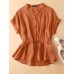 Solid Button Drawstring V Neck Roll Sleeve Casual Cotton Blouse