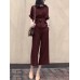 Solid Belt Pocket Rolled Sleeve Wide Leg Two Pieces Suit