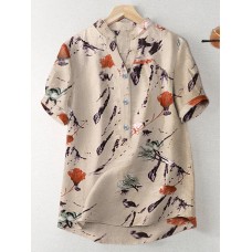 Random Flower Print Button Short Sleeve V  neck Blouse