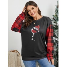 Plus Size Crew Neck Plaid Graphic Patchwork Sweatshirt