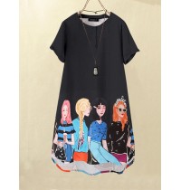 Cartoon Girls Graphic Pocket Short Sleeve Button Dress