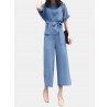 Solid Belt Pocket Rolled Sleeve Wide Leg Two Pieces Suit