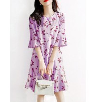 Flower Print Bell Sleeve Crew Neck Keyhole Back Dress