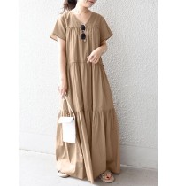 Solid Lettuce Edge V  neck Short Sleeve Swing Maxi Dress