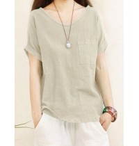 Solid Pocket Roll Short Sleeve Round Neck Casual Blouse