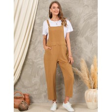 Solid Pocket Sleeveless Button Casual Jumpsuit For Women